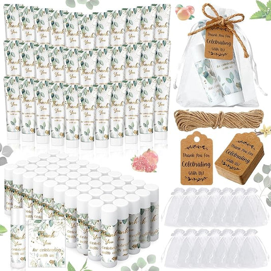 200 Pcs Baby Shower Wedding Party Favors Gift Set, 50 Pcs Baby Shower Hand Cream and 50 Lip Balm for Wedding Bridesmaid Guests Gift Supplies with 50 Organza Bag 50 Thank You Tag(Eucalyptus)-GlimoraGlow