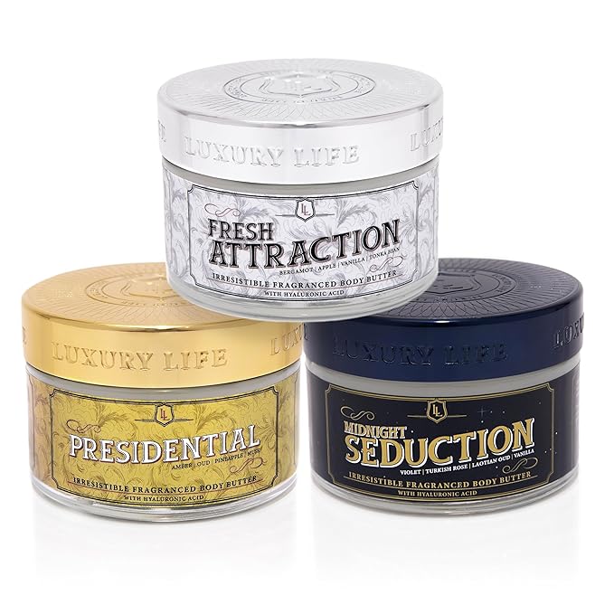 LUXURY LIFE BUTTER - Irresistibly Scented Body Butter with Hyaluronic Acid for Ultimate Moisture. Hydrates for a Non-Greasy Glamorous Glow (Presidential, Fresh Attraction, Midnight Seduction 5 oz)-GlimoraGlow