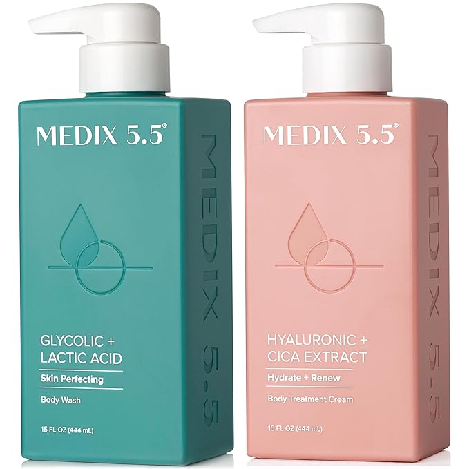 Medix 5.5 Exfoliating AHA Glycolic Acid Face & Body Scrub Cleanser + Hyaluronic Acid Moisturizing Body Cream Lotion Skin Care 2PC Set | Alpha Hydroxy Acid & Lactic Acid Foaming Body Wash & Face Wash-GlimoraGlow
