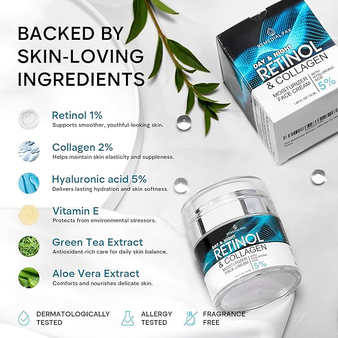 Face Moisturizer Retinol Cream, Anti Aging Neck Firming Cream, Collagen Day & Night Face Cream with Hyaluronic Acid for Women & Men, 1.85 Fl Oz-GlimoraGlow