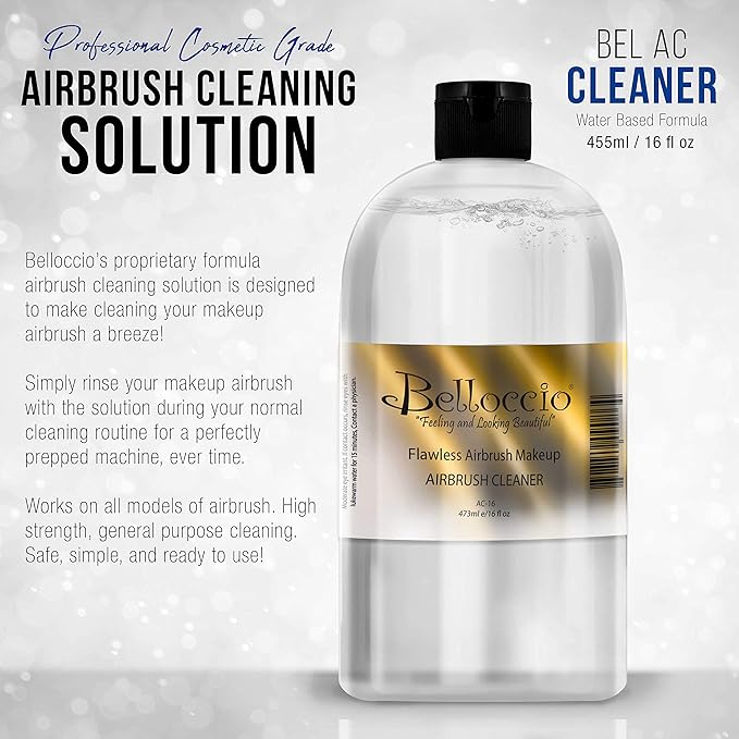 16 Ounce Bottle of Belloccio Makeup Airbrush Cleaner - Fast Acting Cleaning Solution, Quickly Cleans Flushes Out Airbrush Makeup Foundation, Blush, Highlighter - Clean Cosmetic Makeup Brushes, Paint-GlimoraGlow
