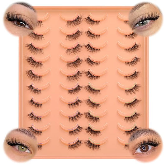 JIMIRE 20 Pairs Hlaf False Eyelashes with Clear Band Half Lashes Wispy Short Accent Lashes 4 Styles Mixed Cat Eye Mink Lashes Fluffy 3/4 Corner Fake Half Lashes Cat Eye Natural Look-GlimoraGlow
