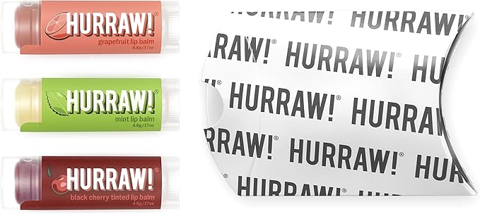 Hurraw! Grapefruit, Mint, Black Cherry Tinted Lip Balms, 3 Pack Bundle: Organic, Certified Vegan, Cruelty and Gluten Free. Non-GMO, 100% Natural. Bee, Shea, Soy & Palm Free. Made in USA-GlimoraGlow