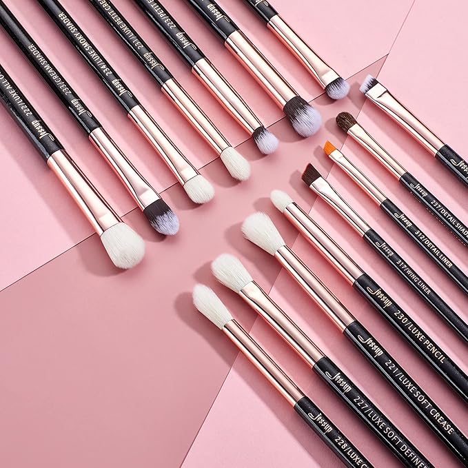 Jessup 15Pcs Professional Makeup Brushes Set Make up Brush Tools kit Eye Liner Shader Wood Handle Natural-synthetic Hair Brushes Pearl Black/Rose Gold T157-GlimoraGlow