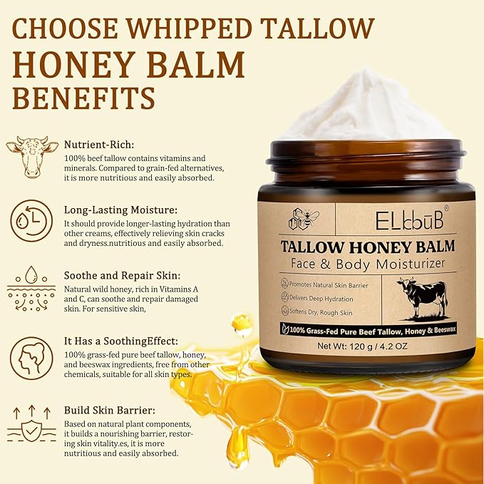 Whipped Tallow Cream for Face & Body - 100% Grass-Fed Beef Tallow, Natural Honey & Beeswax Moisturizer, Deep Hydration & Nourishment, Oil-Free & Unscented, Fast Absorbing-GlimoraGlow