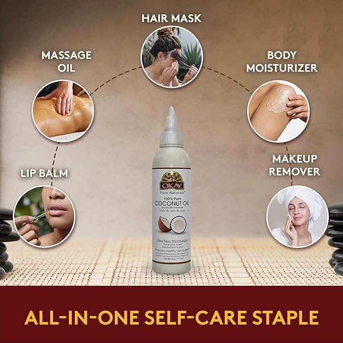 Okay 100% Pure Coconut Oil for Hair & Skin - Coconut Oil for Women & Men, Perfect for Body & Face, for Massage & Moisturizer, Natural - 6 Fl Oz Squeeze Bottle (Pack of 1)-GlimoraGlow