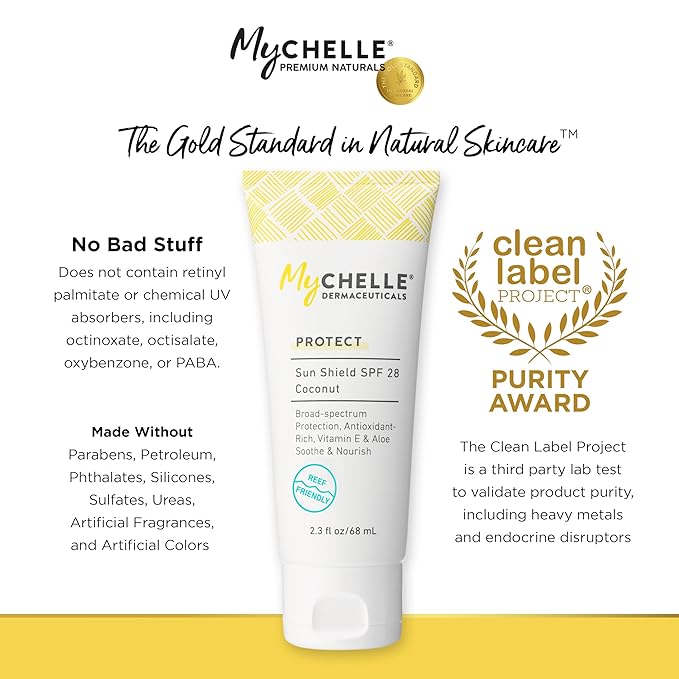 MyCHELLE Dermaceuticals Sun Shield SPF 28 Coconut (2.3 Fl Oz) - Soothing Reef Safe Sunscreen with Vitamin E and Aloe - Travel Size Zinc Sunscreen for Face and Body-GlimoraGlow