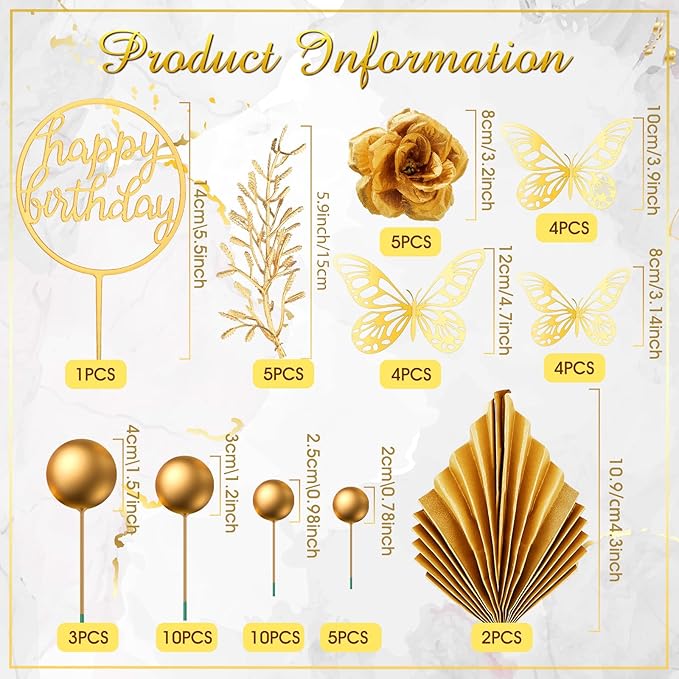 Shimeyao 52 Pcs Wedding Birthday Gold Cake Decoration Boho Cake Topper Pink Purple Flower Butterfly Palm Leaves Balls Toppers for Women Baby Shower Party Decoration(Gold)