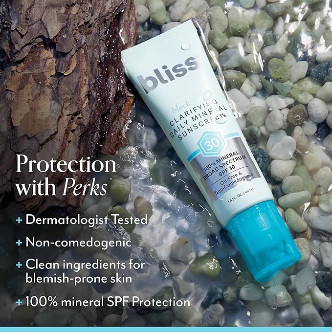 Bliss Block Star Clarifying Daily Mineral Sunscreen Broad Spectrum SPF 30, Blendable Pore Safe Formula for Blemish Prone Skin with Salicylic Acid and Witch Hazel, 1.4 Fl Oz-GlimoraGlow