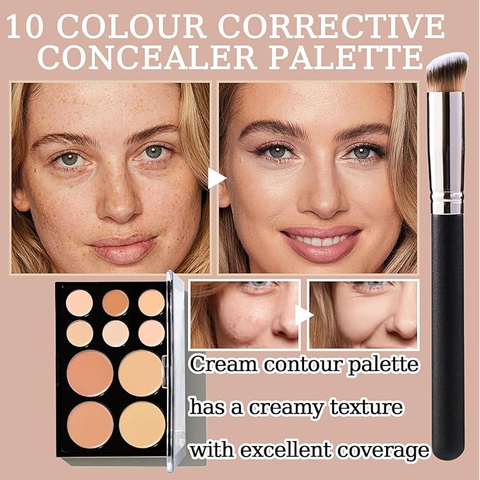 10 Colors Correcting Concealer Palette,Colors Corrector Palette,Moisturizing Full Coverage Liquid Foundation Cream Contour Makeup Palette with Brush-GlimoraGlow