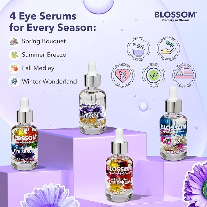 Blossom All Natural Organic Cruelty Free Moisturizing Eye Serum with Essential Oils, Infused with Real Flowers, Made in USA, 0.5 fl. oz., Fall Medley-GlimoraGlow
