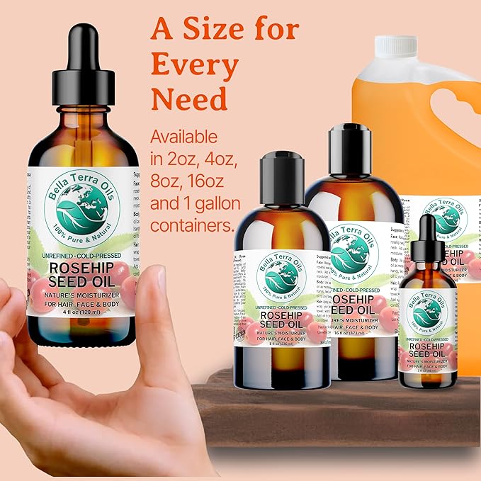 Bella Terra Oils - Organic Rosehip Seed Oil 2 oz - Cold-Pressed Elixir, Rich in Vitamin A, C, & E, Linoleic & Alpha-Linolenic Acid, Perfect Facial Emollient-GlimoraGlow