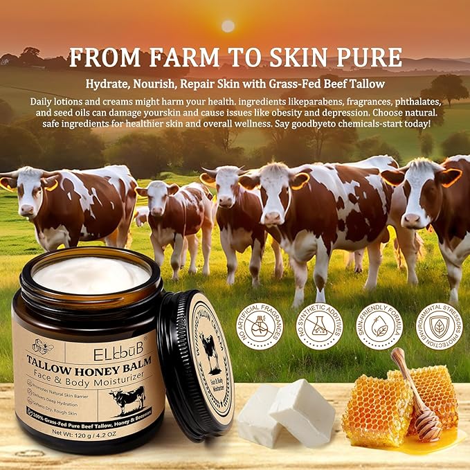 Whipped Tallow Cream for Face & Body - 100% Grass-Fed Beef Tallow, Natural Honey & Beeswax Moisturizer, Deep Hydration & Nourishment, Oil-Free & Unscented, Fast Absorbing-GlimoraGlow