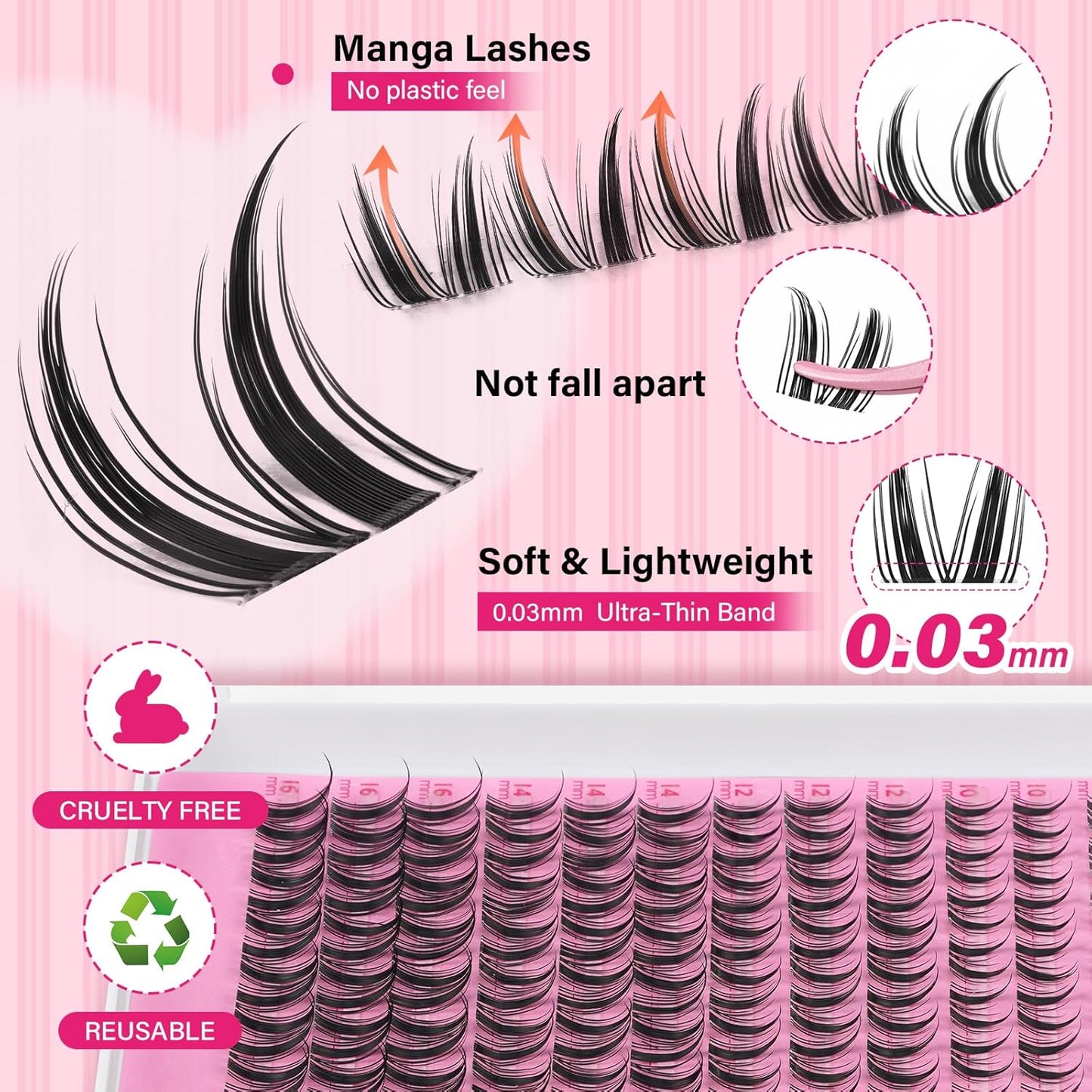 PRO LASHBEAUTY Manga Lash Clusters, Eyelash Clusters 8-16 Mixed Cluster Eyelash Extensions Mixed Lash Extension Volume Reusable Soft & Comfortable (Genie,8-16mix)-GlimoraGlow