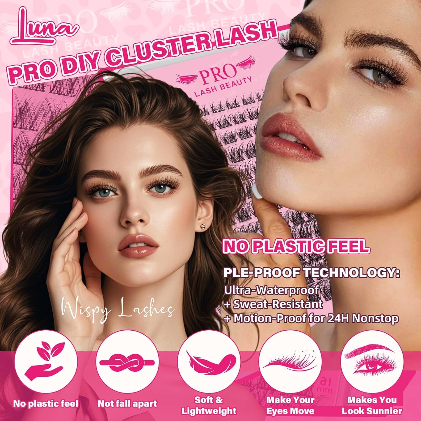PROLASHBEAUTY Natural Lash Clusters Kit Lash Extension Kit Wispy Lash Clusters Lash Bond Remover Eyelash Applicator Beginner DIY Lashes Kit Easy to Use(Luna,8-16mix)-GlimoraGlow