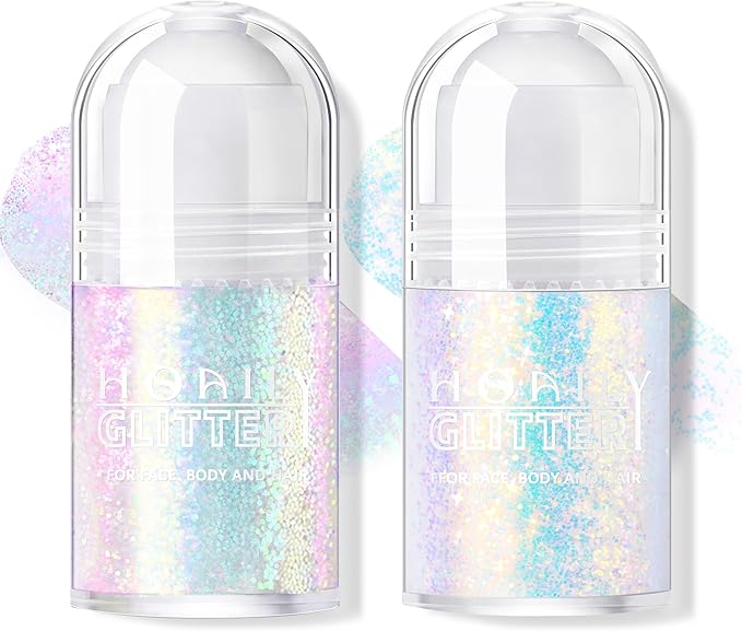 2 Colors Roll-on Body Glitter Gel, Holographic Glitter Gel Under Light for Face Hair, Body Shimmer for Rave Accessories Christmas New Year Halloween Makeup (8+12)-GlimoraGlow