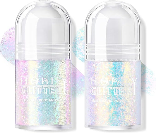 2 Colors Roll-on Body Glitter Gel, Holographic Glitter Gel Under Light for Face Hair, Body Shimmer for Rave Accessories Christmas New Year Halloween Makeup (8+12)-GlimoraGlow