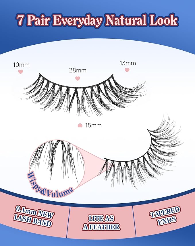 Wispy Lashes Natural Look Flared Strip False Eyelashes Round Eye Lash Soft False Mink Eyelash Fluffy Pack 7 Pairs 15MM D80-GlimoraGlow