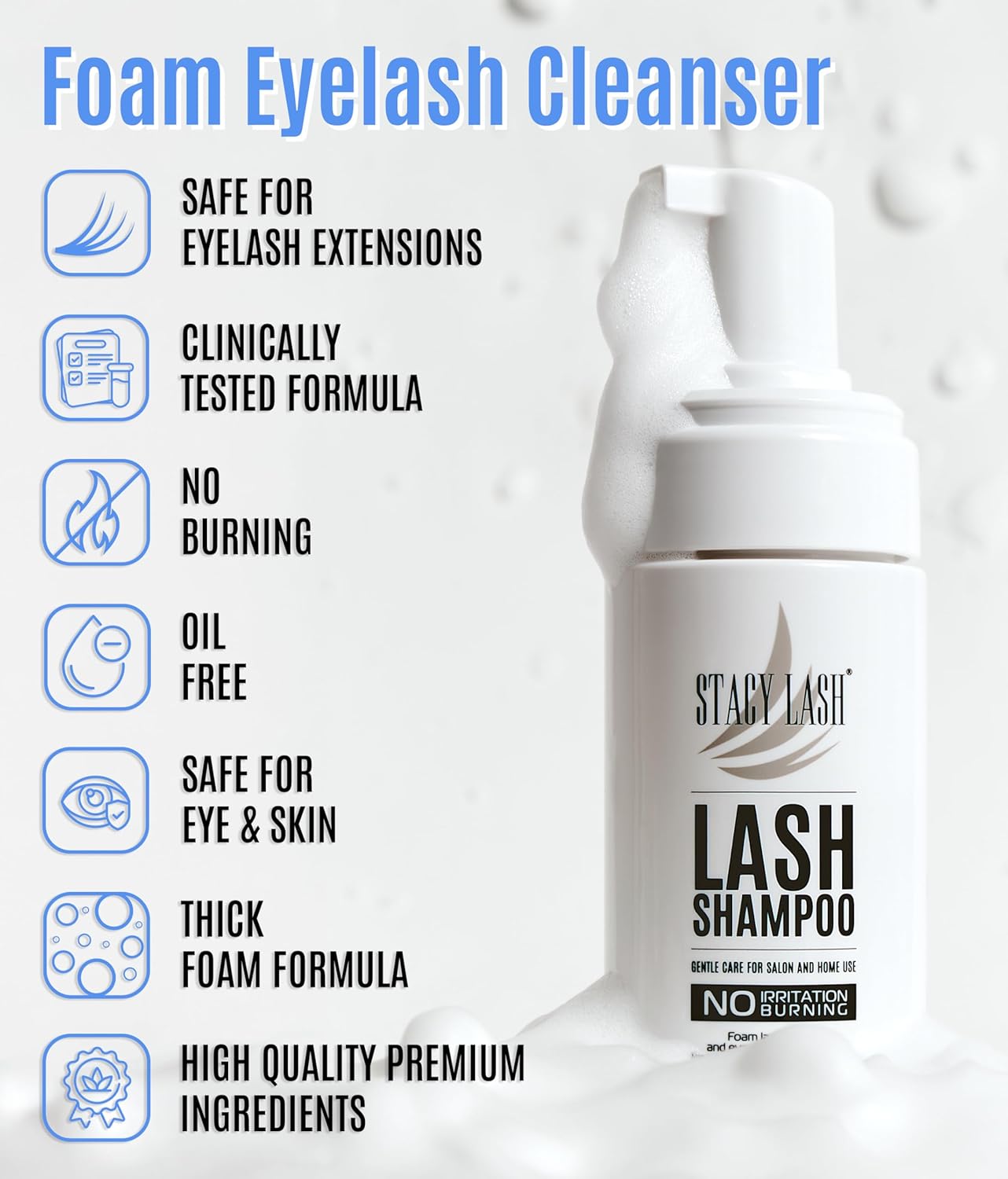 STACY LASH Eyelash Extension Shampoo + Brush / 3.38 fl.oz / 100ml / Eyelid Foaming Cleanser/Wash for Extensions & Natural Lashes/Safe Makeup Remover/Supplies for Professional & Home Use-GlimoraGlow