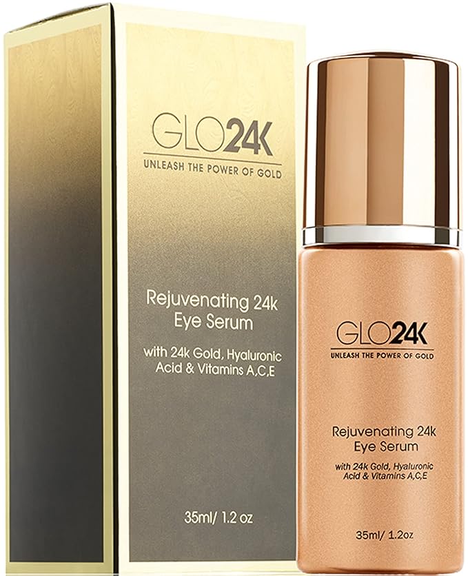GLO24K Eye Serum with 24k Gold, Hyaluronic Acid, and Vitamins A,C,E. Potent Formula for the delicate skin around the eyes.-GlimoraGlow