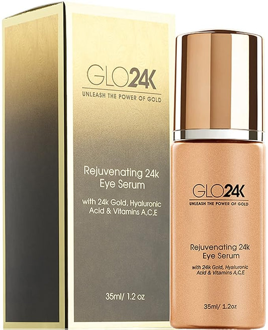 GLO24K Eye Serum with 24k Gold, Hyaluronic Acid, and Vitamins A,C,E. Potent Formula for the delicate skin around the eyes.-GlimoraGlow