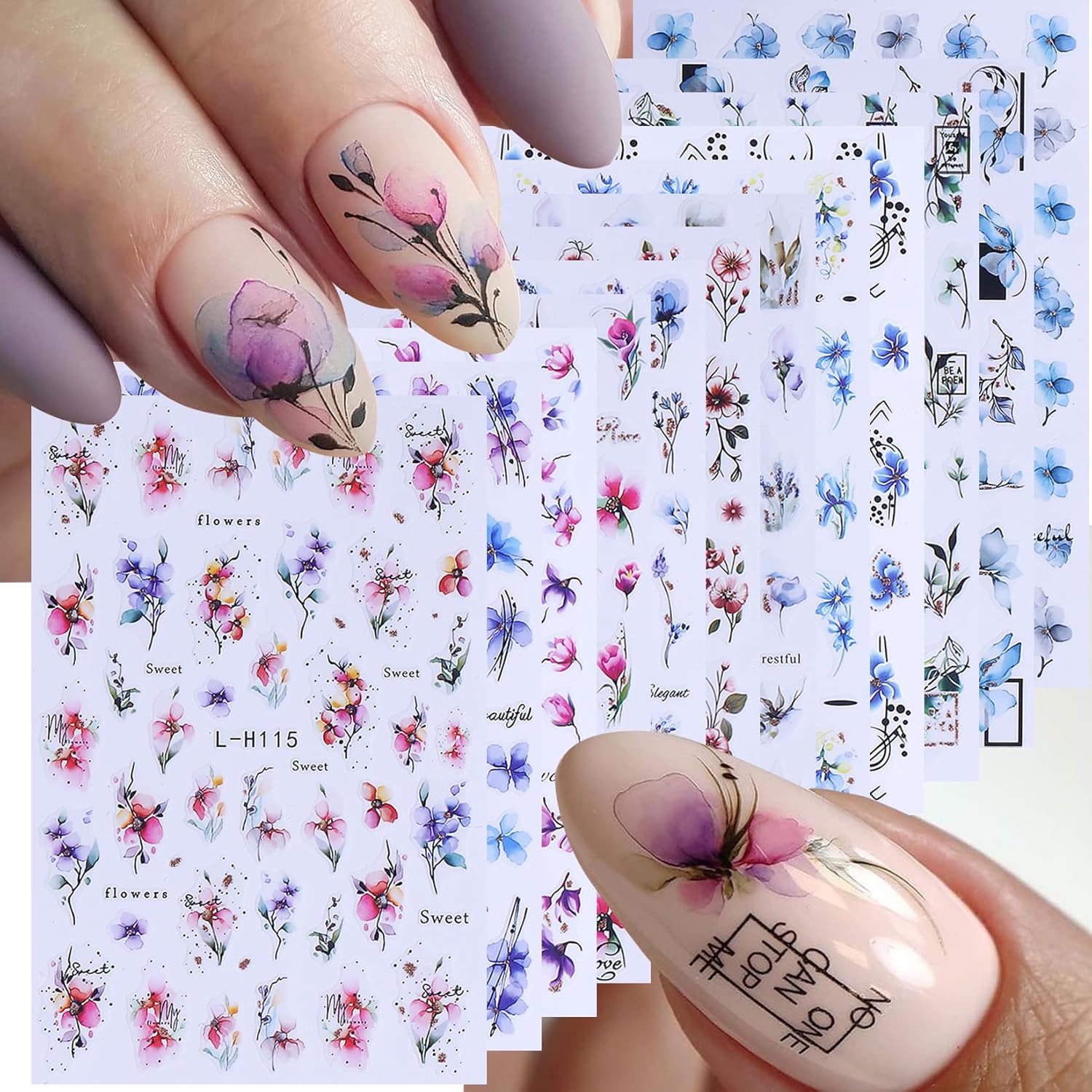 Ink Flower Nail Art Stickers 12 Sheets 3D Self-Adhesive Nail Decals with Tweezers Watercolor Floral Leaves Stickers Charming Blossom Flowers Designs Nail Art Supplies Manicure Accessories for Women-GlimoraGlow