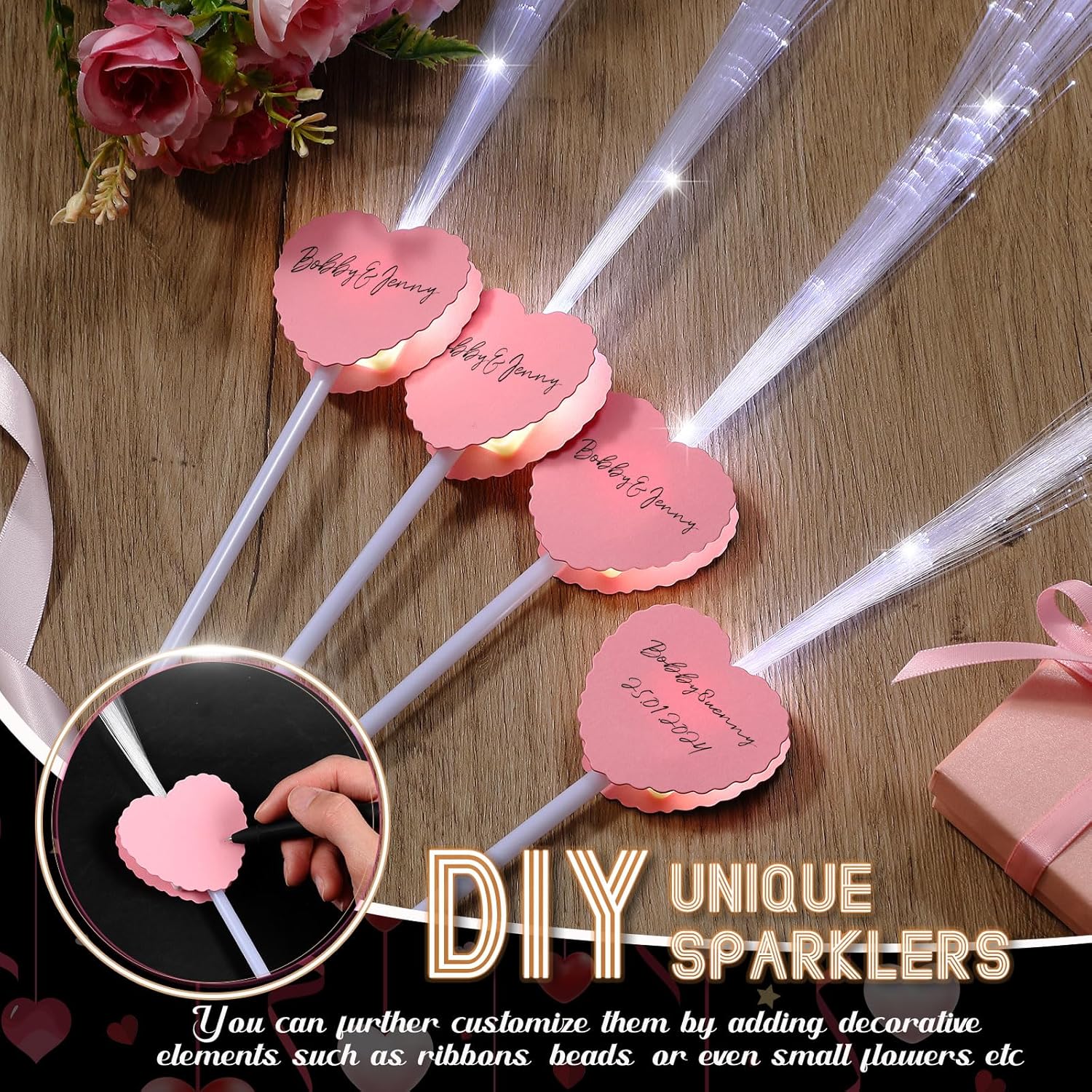 50 Pcs Wedding Sparklers Heart Shaped LED Glow Sticks Fiber Optic Wands Light up Wand with 3 Light Mode for Wedding Bridal Shower Birthday Glow in the Dark Party Supplies (Pink)
