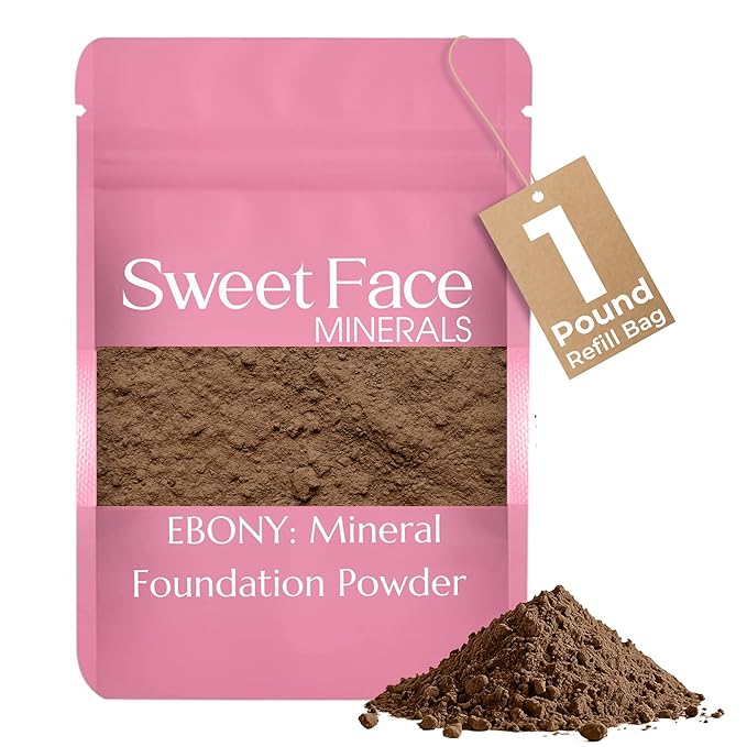 1 Pound EBONY Foundation Powder Refill By Sweet Face Minerals, Lightweight Mineral Loose Makeup Powder with SPF 20, Full Coverage Flawless Finish, Talc-free, Cruelty-Free, Refillable Pouch-GlimoraGlow