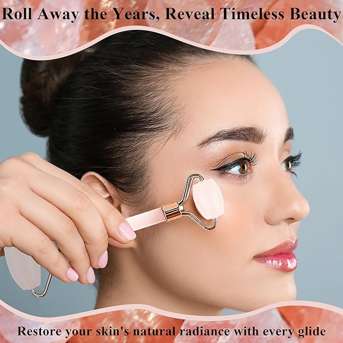 Natural Jade Roller for Face - Aging Wrinkles, Puffiness Facial Skin Massager Treatment Therapy - Premium Jade Stone, by Crystal Lemon (Rose Quartz)-GlimoraGlow