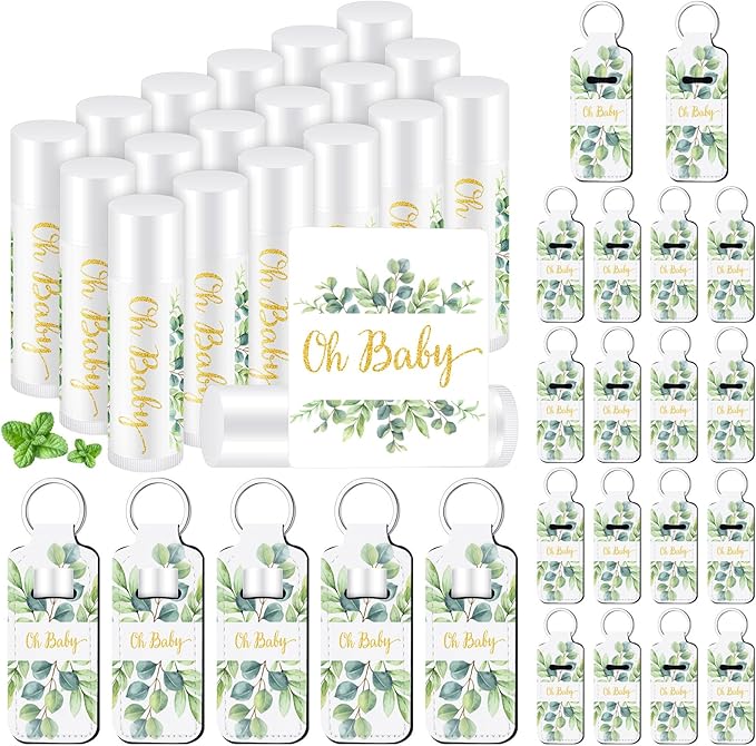 18 Sets Baby Shower Bridal Shower Favors for Guests Bulk Lip Balm and Lipstick Holder Keychains Set Baby Shower Bridal Shower Goodies Bags Thank You Gifts for Guests(Eucalyptus Baby)-GlimoraGlow