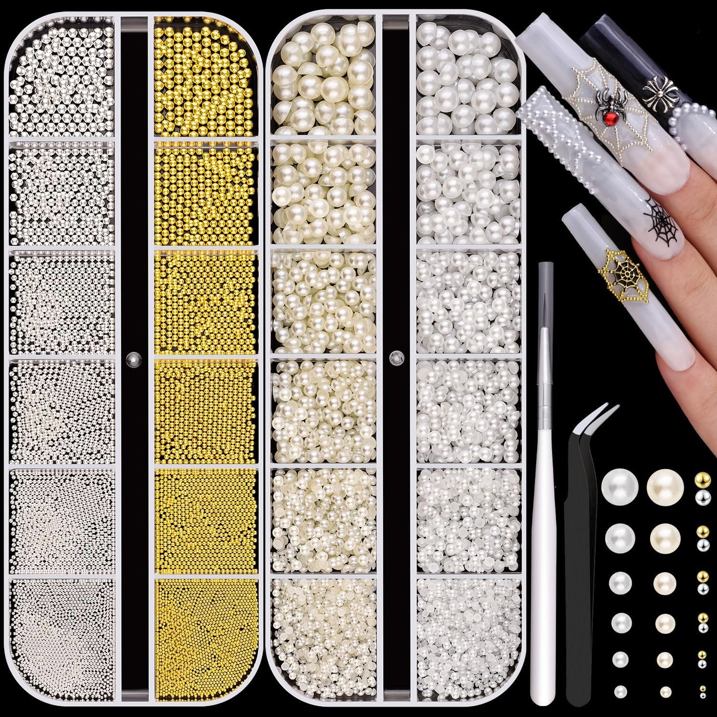 2 Boxes Flatback Pearls (White+Beige) And Metal Nail Beads (Silver+Gold) For Nail Art, Luxurious Pearl Nail Charms and Gems and Small Round Caviar Beads Nail Accessories For Acrylic Nail Tips Manicure-GlimoraGlow
