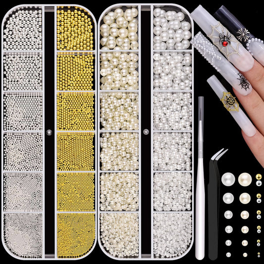 2 Boxes Flatback Pearls (White+Beige) And Metal Nail Beads (Silver+Gold) For Nail Art, Luxurious Pearl Nail Charms and Gems and Small Round Caviar Beads Nail Accessories For Acrylic Nail Tips Manicure-GlimoraGlow