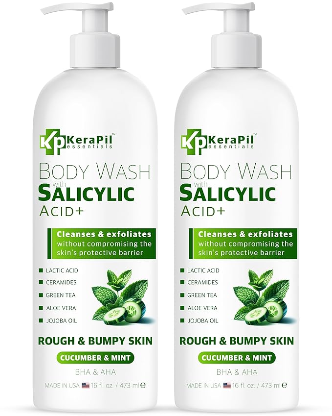 Exfoliating Body Wash with Salicylic Acid - No Dry Out, Gentle Exfoliates Rough and Bumpy Skin, Body Acne Wash, BHA & AHA - Cucumber and Mint Salicylic Acid Body Wash - (16 fl oz x 2)-GlimoraGlow