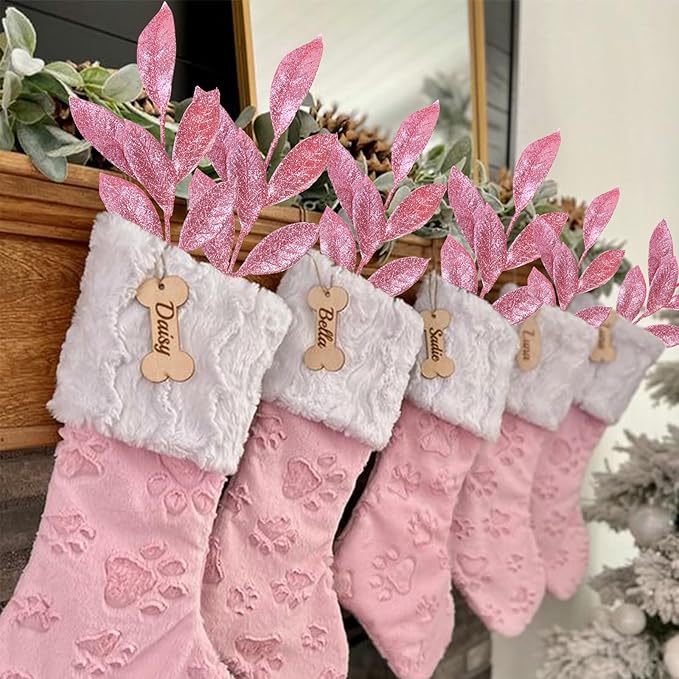 GREENTIME 12 Pack Artificial Pink Glitter Leaves 13" Fake Christmas Picks Decorative Glitter Sticks for Vase Christmas Tree DIY Wreath Crafts Fireplace Decor