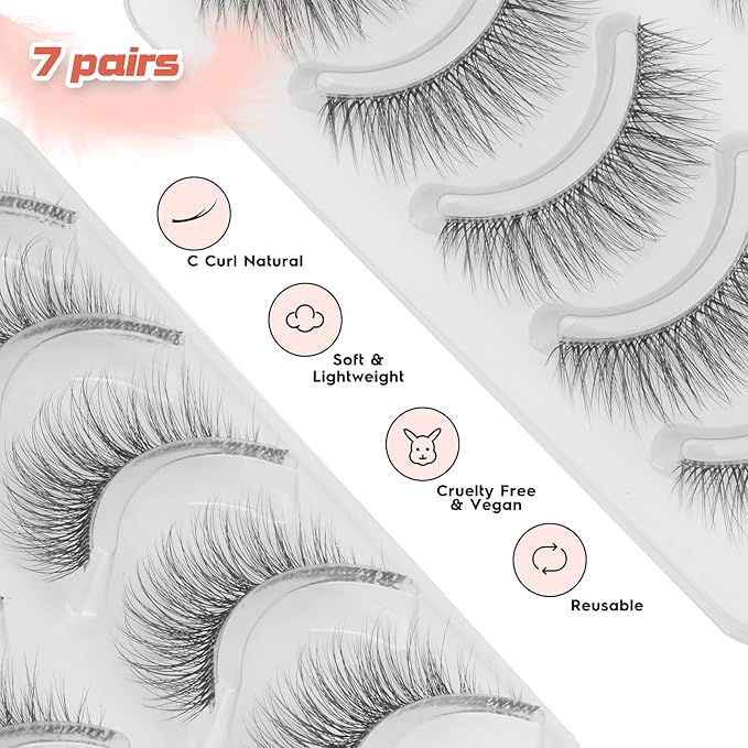 False Lashes Natural Look Wispy Eyelashes 13MM Eye Lash Pack for Daily C Curl Natural Lashes 7 Pair Siligli-GlimoraGlow