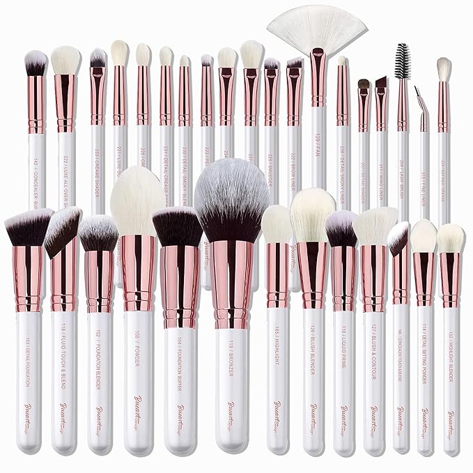 Pro makeup Artist Brushes Set 32Pcs Luxury Goat Hair Horse hair Makeup Brush Set eye and face brushes for every possibility By Bueart Design (Pearl White)-GlimoraGlow