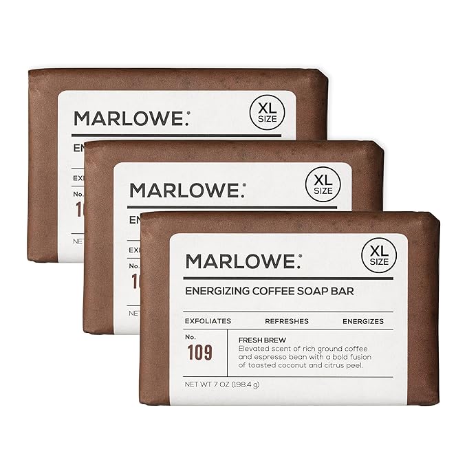 MARLOWE. No. 109 Coffee Bar Soap 7 oz (3 Bars), Body Scrub Soap for Men, Refreshing, Energizing & Exfoliating with Natural Extract, Caffeine, Coffee Bean & Cocoa Butter, Fresh Brewed Scent-GlimoraGlow