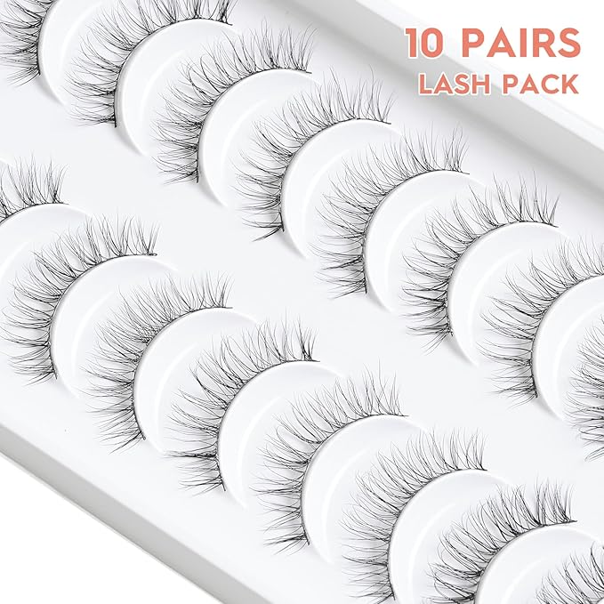Natural Lashes Wispy False Eyelashes 10mm Short Lashes 3D Volume Strip Lashes Fake Eyelashes Siligli Lashes Thin Band Curly Eye Lashes Pack 10 pair-GlimoraGlow