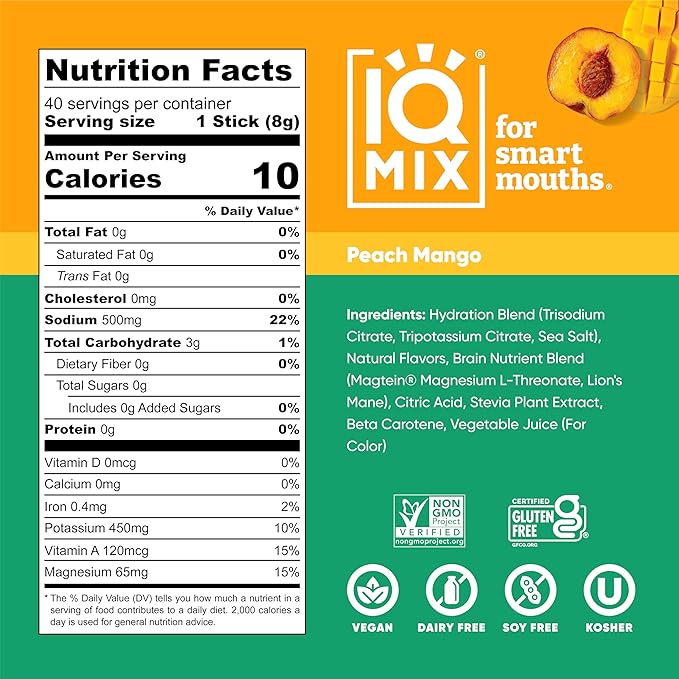 IQMIX Hydration Electrolyte Powder – 4-in-1 Formula for Hydration, Mental Clarity, Mood and Recovery – Sugar-Free Drink Mix, Keto, Magnesium L-Threonate, Lion’s Mane – 40 Count Peach Mango-GlimoraGlow