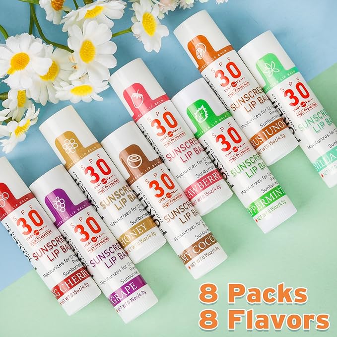 SPF 30 Lip Balm with Sunscreen 8 Pack, Bulk Sunscreen Lip Balm Travel Size, Hydrating Lip Balm with Vitamin E and Coconut Oil- 8 Flavors-GlimoraGlow