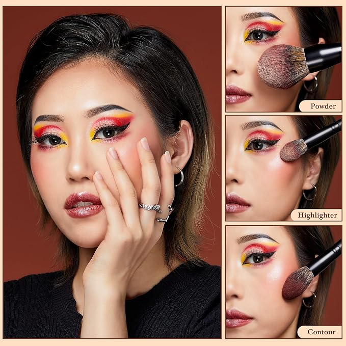 Jessup Large Face Makeup Brushes 3pcs, Premium Synthetic Powder Contour Highlighter Brush, Phantom Black T274-GlimoraGlow