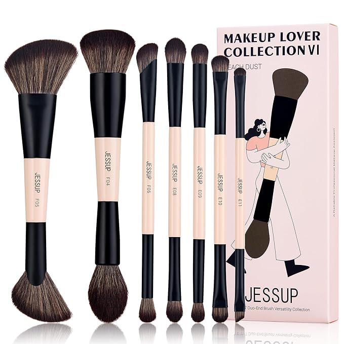 Jessup Makeup Brushes Set 7pcs Double Sided Makeup Brushes for Foundation Concealer Blush Eyeshadow Contour Bronzer Powder Blending Eyebrow Eyeliner, Cruelty-Free Make up Brushes Peach Dust T600-GlimoraGlow