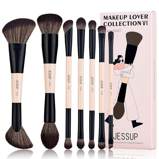 Jessup Makeup Brushes Set 7pcs Double Sided Makeup Brushes for Foundation Concealer Blush Eyeshadow Contour Bronzer Powder Blending Eyebrow Eyeliner, Cruelty-Free Make up Brushes Peach Dust T600-GlimoraGlow
