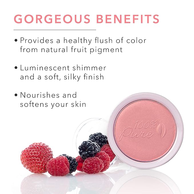 100% PURE Powder Blush (Fruit Pigmented), Chiffon, Soft Shimmery Finish, Nourishes Skin w/Rosehip Oil, Cocoa Butter, Natural Makeup (Soft Pink) - .32 oz-GlimoraGlow