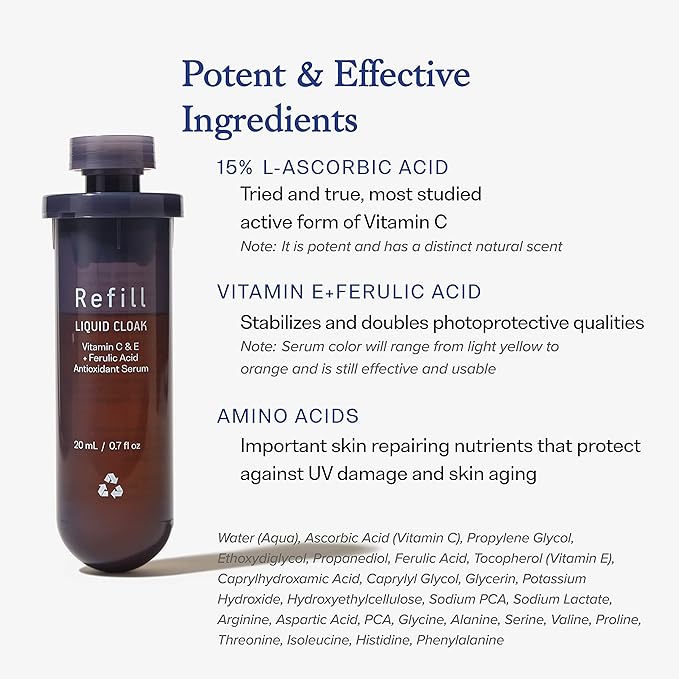 Vitamin C Serum Refill with Ferulic Acid and Vitamin E for Glowing Radiant Skin by Dear Brightly, Face Brightening, Facial Serum for Sensitive Skin, Refillable Glass Bottle, 0.7 fl oz-GlimoraGlow