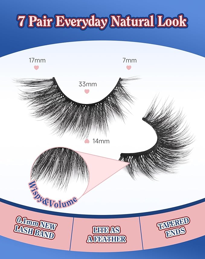 Lashes Cateye Wispy False Eyelashes Volume Flared Mink Eyelash Strip Lashes Soft Cat Eye Lash Natural Pack 7 Pairs Everyday 17MM D74-GlimoraGlow