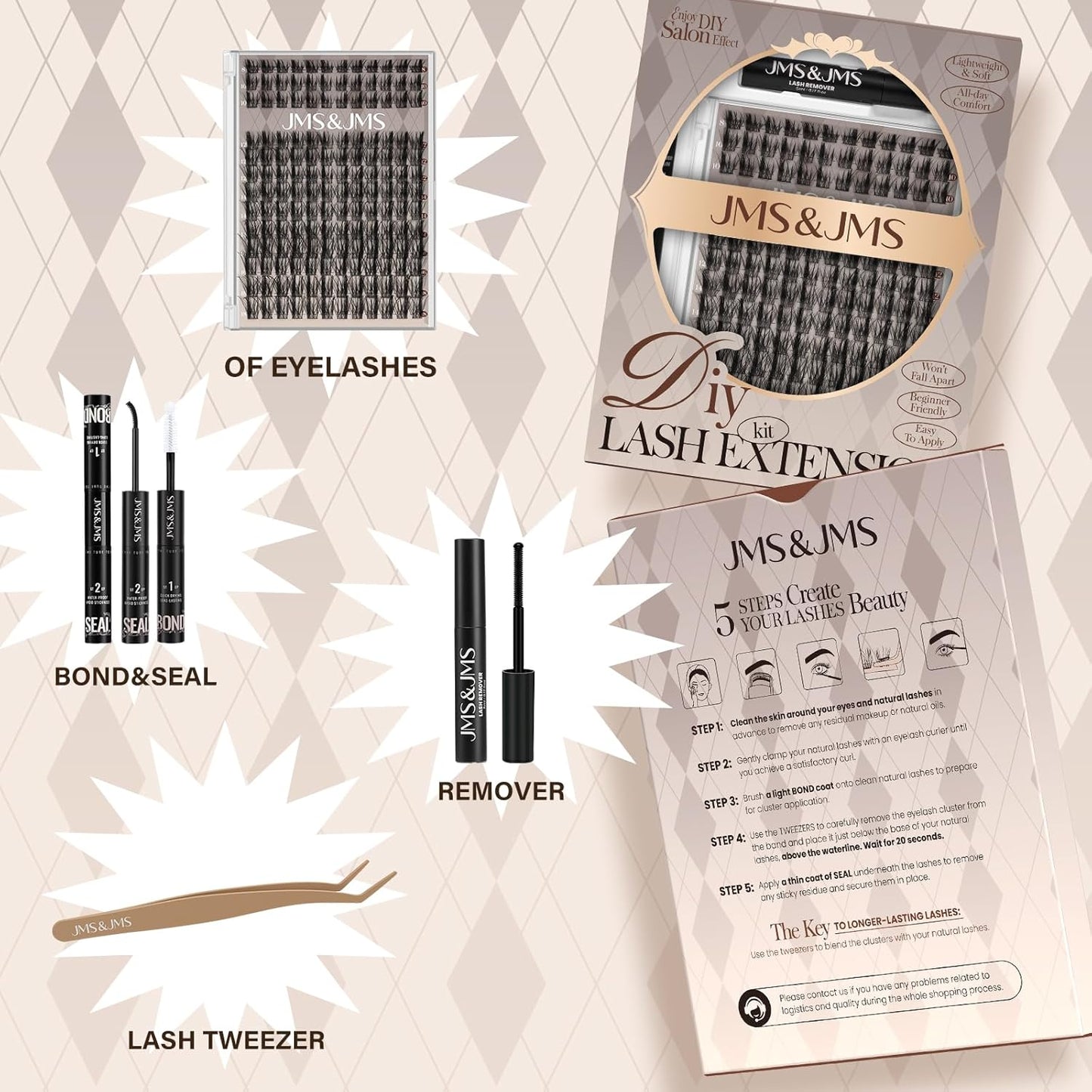 JMS&JMS Lash Clusters Kit 156Pcs CC Curl Lash Extension Kit with Lash Bond and Seal Eyelash Applictor Lash Remover Eyelash Brush Lash Extension Kit for Beginner (Side Spike-8-18mix)-GlimoraGlow