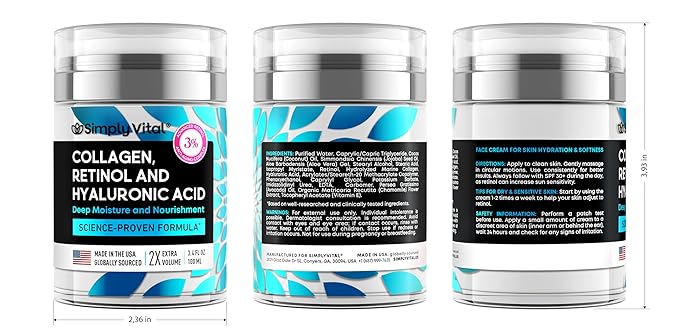 SimplyVital Collagen, Retinol & Hyaluronic Acid Cream - Anti-Aging Retinol Cream for Face, Neck & Décolleté - Made in USA - Daily Moisturizer Face Cream - 3.38 fl oz-GlimoraGlow