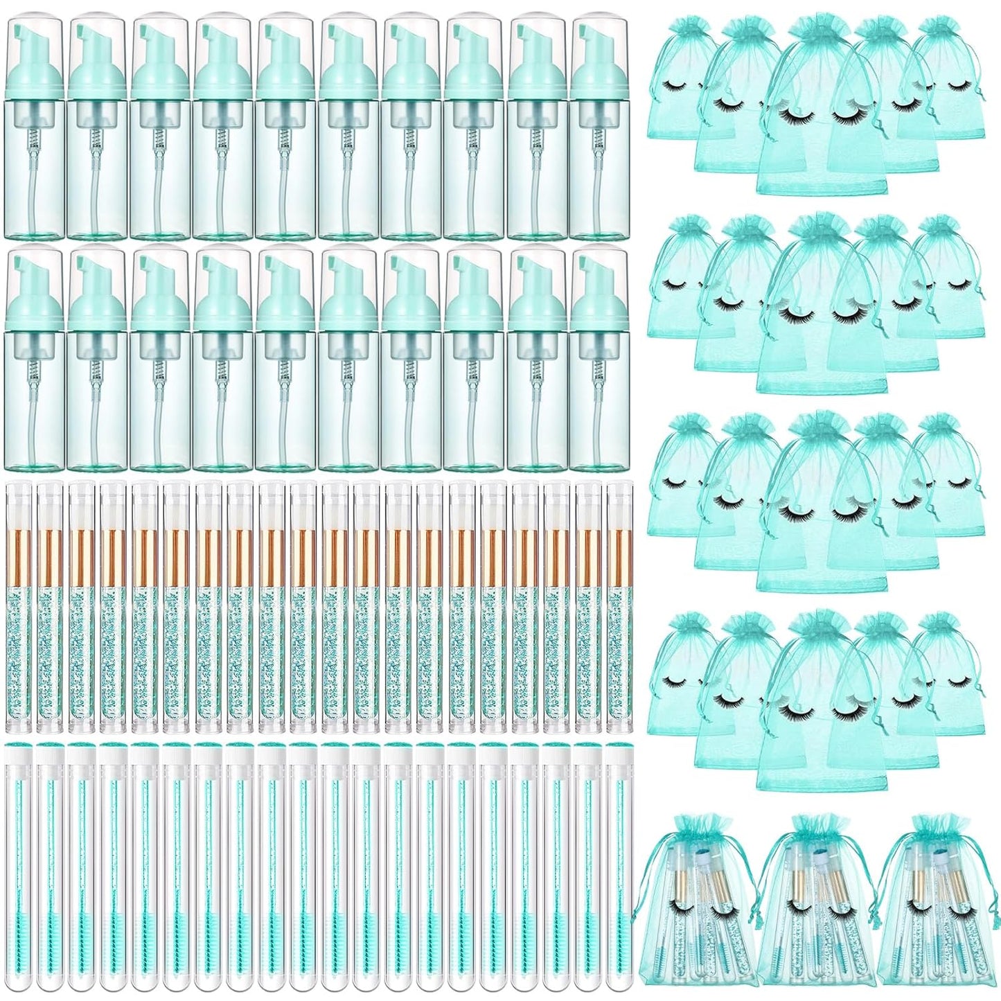 Zhehao 80 Pcs Lash Shampoo Bottle Brushes Kit 20 Foam Pump Dispensers 20 Lash Shampoo Brushes 20 Eyelash Aftercare Bag 20 Cleaning Pipes, Eyelash Extension Supplies(Green, Blue)-GlimoraGlow