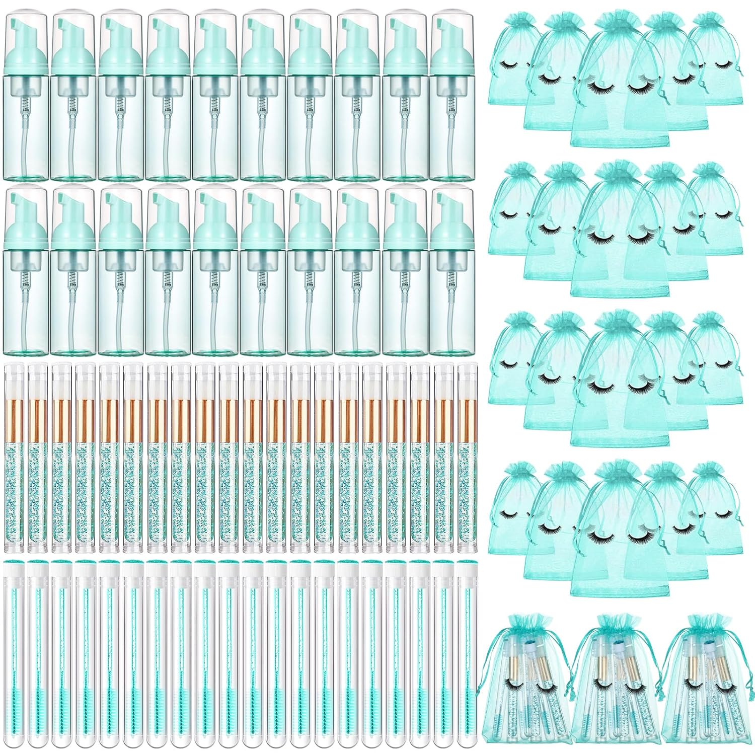 Zhehao 80 Pcs Lash Shampoo Bottle Brushes Kit 20 Foam Pump Dispensers 20 Lash Shampoo Brushes 20 Eyelash Aftercare Bag 20 Cleaning Pipes, Eyelash Extension Supplies(Green, Blue)-GlimoraGlow